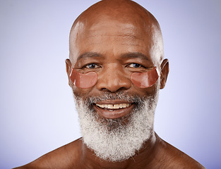 Image showing Eye patches, skincare and senior man wellness, face health and dermatology collagen on purple background in studio. Beauty smile, elderly product and portrait of a facial model for aging cosmetics