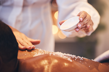 Image showing Massage, spa and scrub on a back for exfoliate treatment for soft, healthy and smooth skin. Luxury, wellness and therapist doing salt body exfoliation detox for health, hygiene and body care at salon