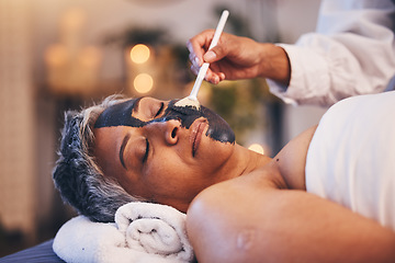 Image showing Facial, relax and mask with a woman in spa, lying on a massage table or bed for skincare treatment. Peace, sleeping and wellness with a senior female customer in a health center for luxury care