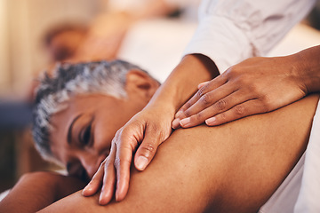 Image showing Senior woman, hands and body massage for spa wellness, luxury zen therapy and healthy skin. Elerly person, masseuse and calm physical therapy, skincare cosmetics and calm body care in beauty salon