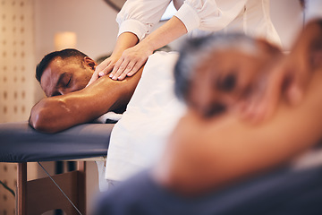 Image showing Massage, relax and stress relief with a couple in a spa, lying on a table or bed for luxury and wellness. Health, zen and peace with a senior man and woman in a salon for physical therapy on vacation