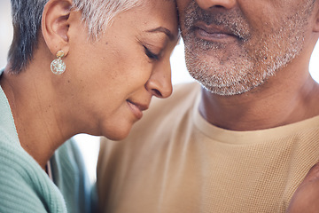 Image showing Love, senior couple and hug together for romance, wellness and bonding for anniversary. Romantic, mature man and elderly woman being loving, embrace and affection for marriage, peace or relationship