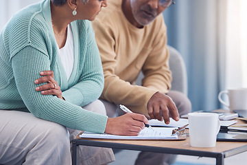 Image showing Senior couple, documents and sign contract for life insurance or home mortgage. Discussion, signature and retired elderly man and woman signing legal paperwork for will or loan application together.