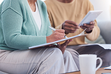 Image showing Retirement, couple and hands writing on documents for loan, financial or investment application. Marriage, finance and paperwork signature decision of senior woman in home with husband.