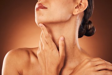 Image showing Self love, self care and woman skincare, spa beauty and cosmetic glow against a brown studio background. Luxury hands, body wellness and model care for skin, dermatology and cleaning with a detox