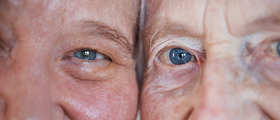 Image showing Face, eyes and love with a senior couple closeup inside enjoying retirement while spending time together. Blue eyes, vision and wrinkles with a mature man and woman bonding during a loving moment