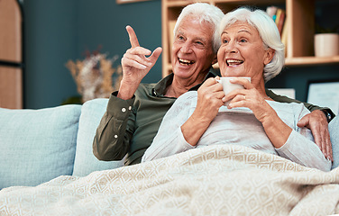 Image showing Couple in retirement, elderly and watch television on couch at family home, relax with funny tv show or movie and excited with happiness and coffee. Retired, old man and old woman happy together.