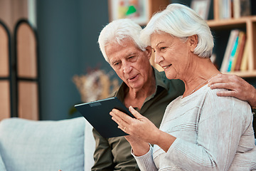 Image showing Old, couple and tablet with elderly people browsing online, searching social media for content while bonding. Connection, digital device and internet with retired man and woman scrolling media