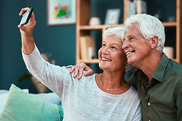 Image showing Couple, elderly and selfie with smile and retirement, woman holding smartphone for picture with man and happy at home. Bond, commitment and marriage, senior people happiness in photograph with phone.