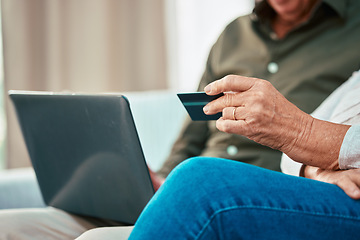 Image showing Laptop, credit card and finance with old couple on sofa for online shopping, payment and investment. Fintech, password and safety with man and woman customer at home for banking, website and savings