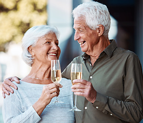 Image showing Senior couple, wine and toast outdoor, love or happiness celebration for anniversary or event together. Smile, happy or love with elderly man and woman with alcohol glass to celebrate and marriage