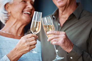 Image showing Champagne, love and senior couple toast for marriage anniversary date, partnership or retirement health. Romance, glass alcohol drinks and elderly people smile, bond and cheers at celebration event