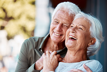 Image showing Senior couple, hug and laugh in park, happy and retirement to relax, wellness and fresh air in nature in Germany together. Happy elderly man, funny woman and playful people love, enjoy joke and love