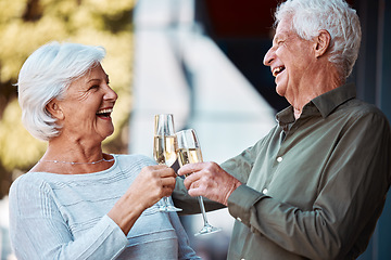 Image showing Senior couple, champagne and toast to celebrate anniversary in a loving relationship at home. Love, care and alcohol cheers with retired husband and wife celebrating joyful retirement outside