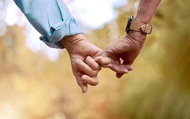 Image showing Retirement, senior couple and holding hands for love, romance and bonding together. Romantic, hand gesture and loving for relationship, marriage and support for anniversary, retired and healthcare.