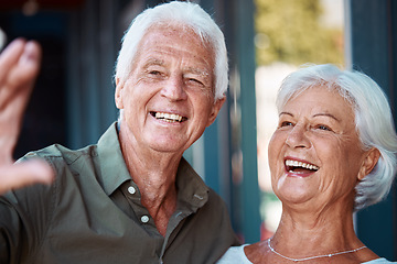 Image showing Old, couple and selfie with a retired man and woman laughing and having fun at home with joy. Photo, retirement and elderly husband and wife taking a picture together while in a bonding relationship