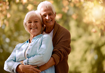 Image showing Senior couple, hug and face portrait at park on holiday or vacation mockup. Love, romance or retired elderly man hugging or embrace woman outdoors in nature, bonding or enjoying quality time together