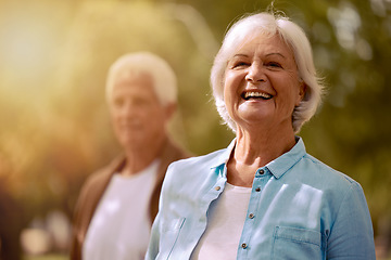 Image showing Mature senior, couple and woman portrait in nature for fun, bonding and loving adventure. Elderly, retired husband and wife enjoying retirement outdoors with a bond of love, care and marriage