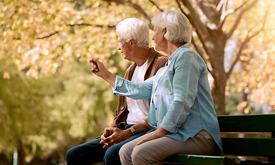 Image showing Park love, communication and senior couple in nature to relax, retirement peace and outdoor conversation. Summer care, content and talking elderly man and woman on a bench in Portugal in spring