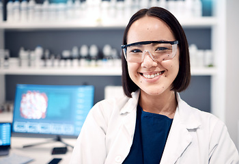 Image showing Pharmaceutical, asian and science woman in portrait with technology innovation, research vision and expert knowledge in laboratory. Computer screen, scientist and chemistry medical worker in lab gear