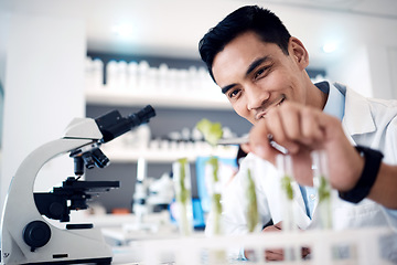 Image showing Scientist, microscope and plants pharmaceutical research, ecology growth testing and asian man. Biotechnology expert, green energy innovation and leaf chemistry or science experiment in laboratory