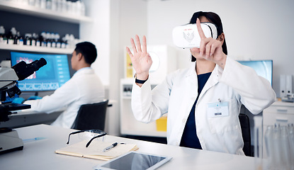 Image showing Virtual reality, glasses and science with scientist woman in 3d metaverse, software innovation and biotechnology research in laboratory. VR, ai and futuristic medical expert with cyber technology app