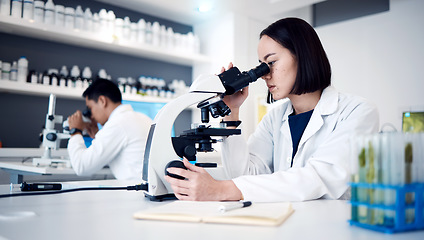 Image showing Research, microscope and science with woman in laboratory for virus, medicine and pharmacy. Goal, vision and vaccine test with expert scientist and analytics for data, biotechnology and healthcare