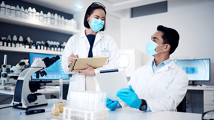 Image showing Science laboratory, team and tablet planning, vaccine research and pharmaceutical development of data analysis, investigation and innovation. Scientists, face mask and working on digital technology