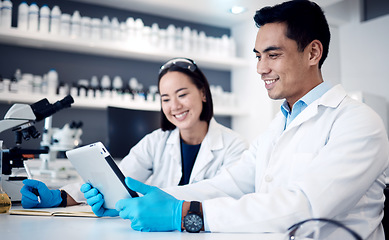 Image showing Research, collaboration and science with people and tablet in laboratory for medical, pharmacy and vaccine report. Teamwork, futuristic and analytics with man and woman for digital, review and test