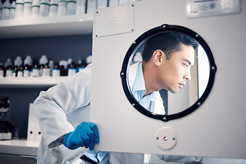 Image showing Scientist, man and science laboratory incubator for research, chemistry experiment and biotechnology. Pharmaceutical innovation, chemical engineer and check health samples for testing in hospital lab