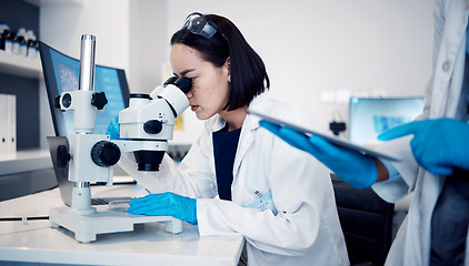 Image showing Lab science, microscope research, and scientist working on future medical development for virus at work. Woman in pharmaceutical hospital for solution, innovation and analysis of healthcare medicine