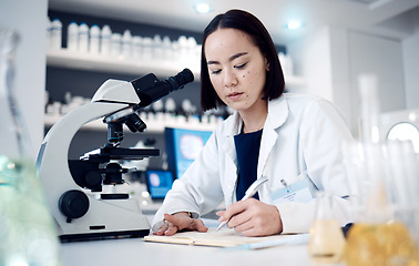 Image showing Science, chemistry research notebook and scientist writing chemical engineering report for pharmaceutical medicine development. Innovation, microscope and Asian woman working on laboratory analysis