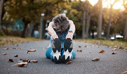 Image showing Woman, fitness and stretching exercise while sitting on asphalt road with autumn leaves for exercise, workout and warm up at nature park. Female on group for energy, health and wellness touching feet