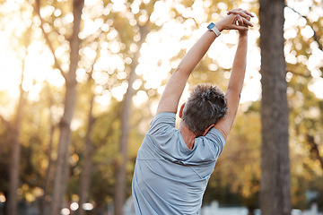 Image showing Stretching, fitness and man in park for muscle and body workout, wellness and health in nature with mental health, calm and peace. Exercise, training and sports athlete warm up for outdoor running