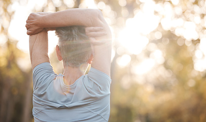 Image showing Senior woman, back and stretching arms in fitness workout, training or exercise in nature park, garden or countryside environment. Retirement elderly, pensioner or warm up for mobility or healthcare