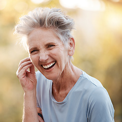 Image showing Senior woman, laughing and fitness break in nature park, garden or countryside environment in mobility healthcare, wellness and self care. Smile, happy and comic retirement elderly in exercise rest