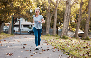 Image showing Fitness, running and health with old woman in park for peace, workout and morning jog. Retirement, relax and jogging with senior runner training in nature for endurance, stamina and sports