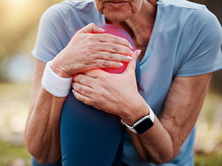 Image showing Fitness, health and senior woman with knee pain outdoors after workout accident. Sports, retirement and elderly female with leg injury, muscle tension or fibromyalgia after training exercise outside.