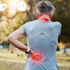 Image showing Senior woman, neck and back pain, red and injury accident from exercise or training on an outdoor park. Fitness, cardio and female with muscle sprain, hurt spine or medical emergency after workout