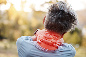 Image showing Woman, neck pain and hands on red injury after exercise, running and cardio workout outdoor with burnout, stress and health problem. Senior person in nature for run with a massage after body accident