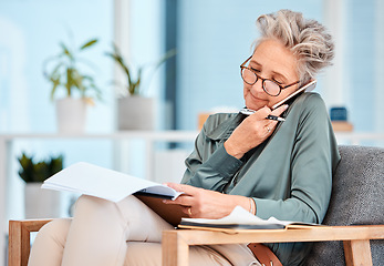 Image showing Phone call, business paper and senior woman reading report, finance note and agenda for corporate strategy. Office accounting, mobile communication and worker with insurance documents for company