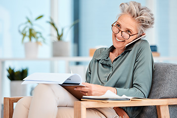 Image showing Phone call, documents and senior business woman writing on a clipboard on a chair in her office at work. Smile, thinking and communication with a happy female employee talking using her mobile