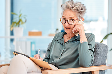 Image showing Senior, business and woman on phone call while writing corporate ideas in a notebook during communication. Wifi, cellphone call and mature female ceo talking in conversation while and write notes