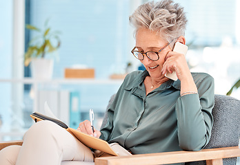 Image showing Senior woman, office call and ceo phone communication of a consulting lawyer writing a schedule. Working, phone call and elderly legal worker talking about a corporate strategy and law firm vision