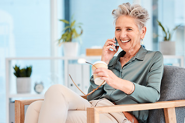 Image showing Woman, relax or senior manager on a phone call talking, communication or networking for a development project. Smile, ceo or old woman in conversation, discussion or speaking of success or our vision