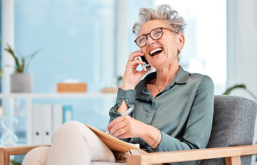 Image showing Business, woman and cheerful call for networking communication using wifi for professional entrepreneurship. Phone call, ceo and mature businesswoman laughing during conversation while writing notes