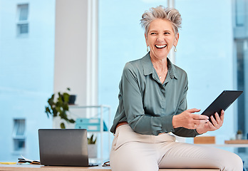 Image showing Senior business woman, laughing or tablet in digital marketing planning, schedule management or calendar innovation. Smile, happy or comic manager, ceo or kpi leadership with digital technology goals