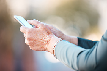 Image showing Phone, app and hands of retirement woman typing on screen for email, ecommerce or social media. Communication, internet and mobile application of senior person online with 5g connectivity.