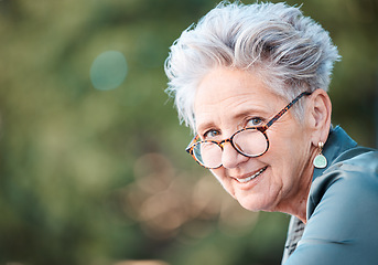 Image showing Nature, portrait and senior business woman in the office garden while on her work lunch break. Happy, smile and elderly professional corporate manager standing in a park in Canada for fresh air.