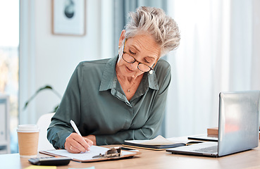 Image showing Writing, clipboard and laptop with a woman CEO or manager filling out paperwork in her office at work. Documents, computer and application with a female employee using her pen to write on paper